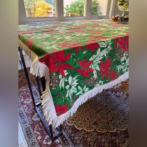 Vintage Christmas Poinsettias Tablecloth with White Fringe
